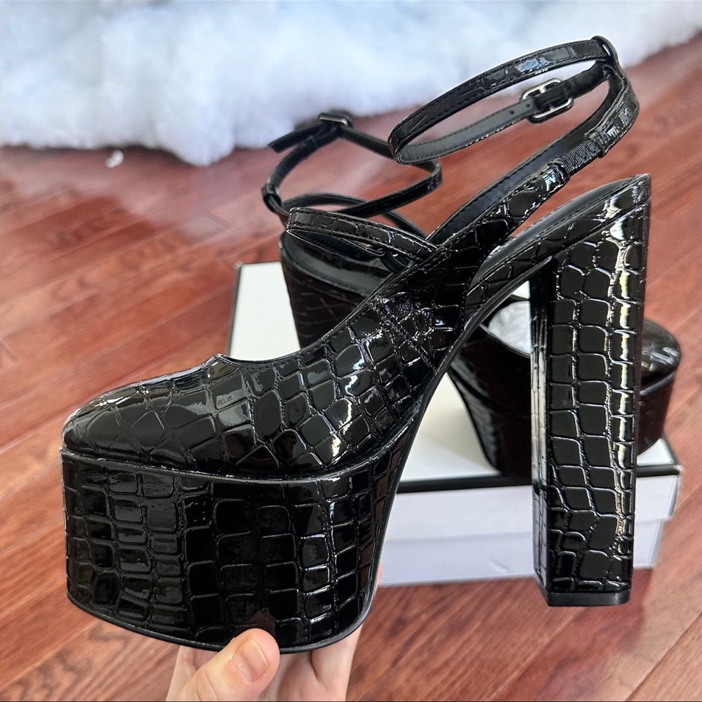 NEW Steve Madden Scotlyn Black Croc Heeled Strappy Pump Block Heels - Picture 7 of 11